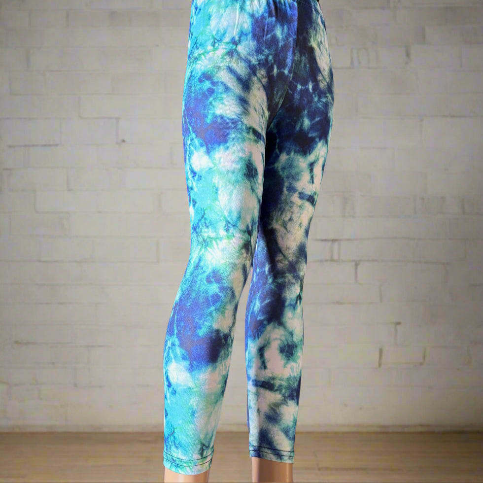 Blue tie-dye full length stretch leggings