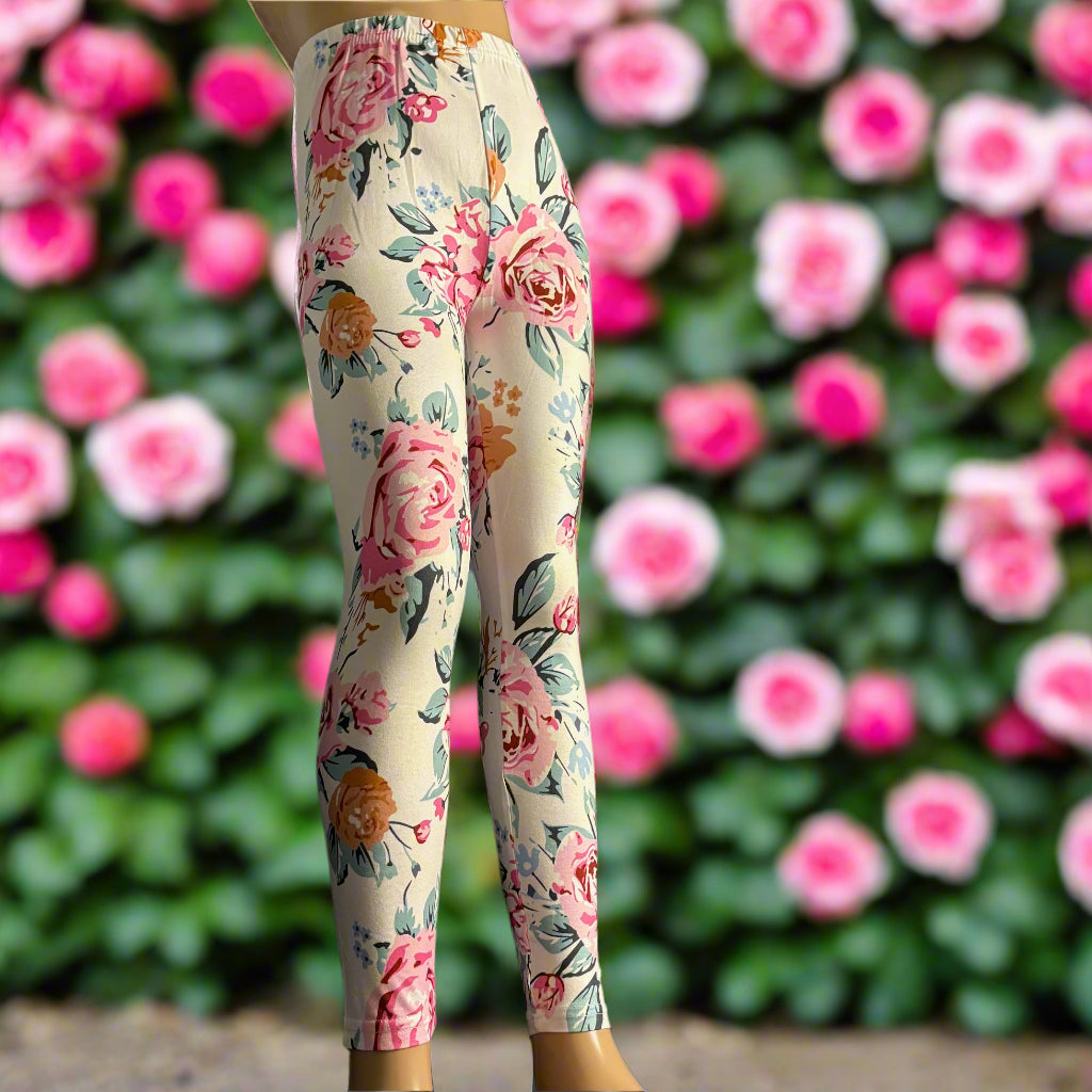 White Garden patterned full length stretch leggings