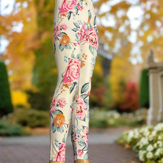 White Garden patterned full length stretch leggings