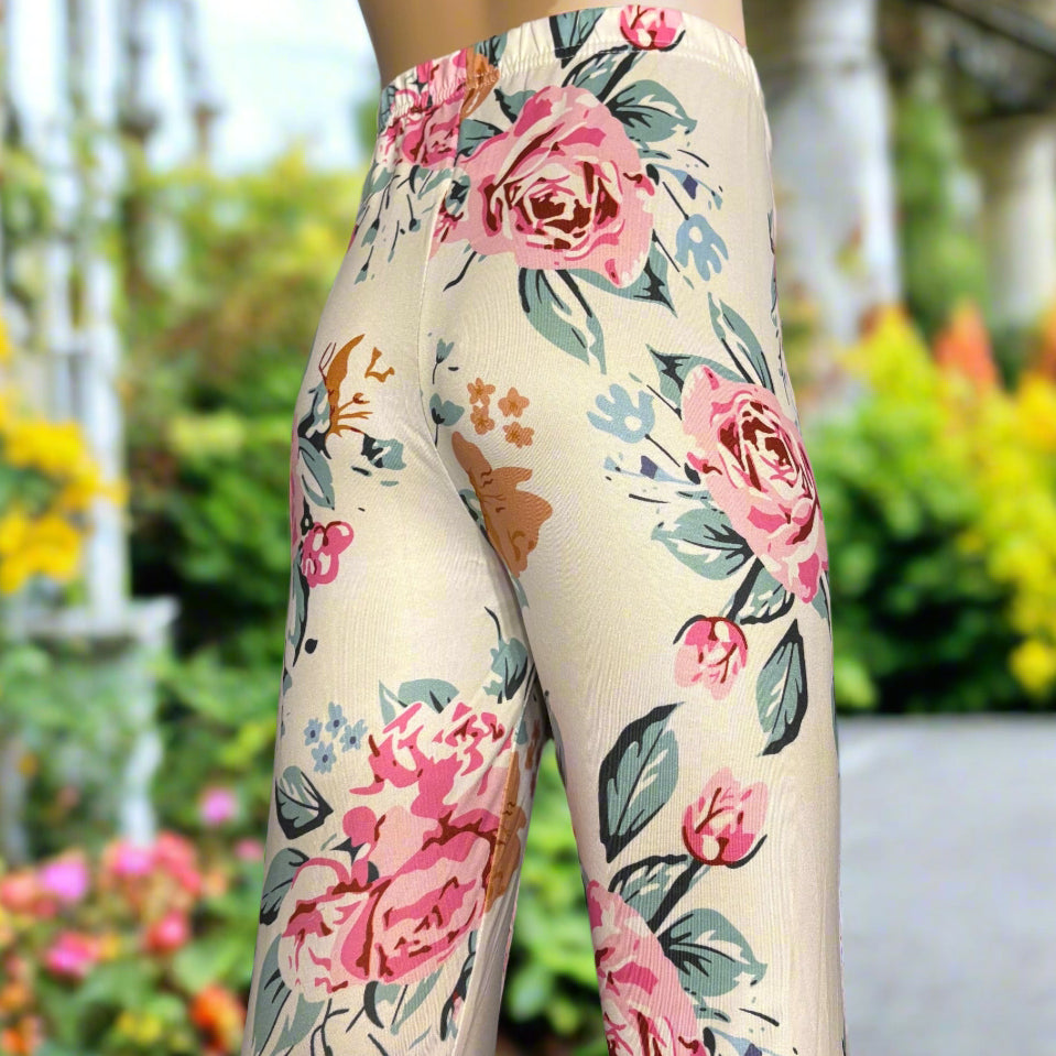 White Garden patterned full length stretch leggings