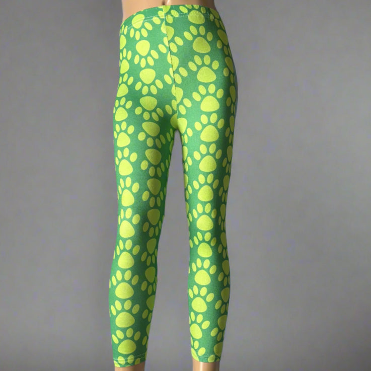 Girls green pawprint design full length leggings
