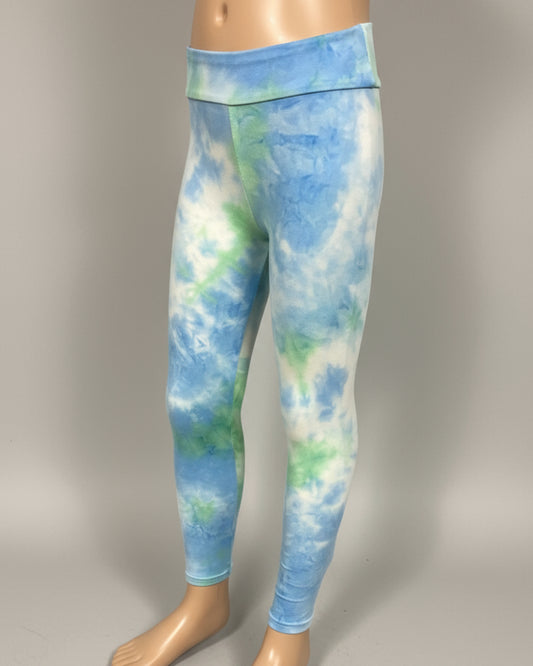 Green and blue tie-dye design leggings