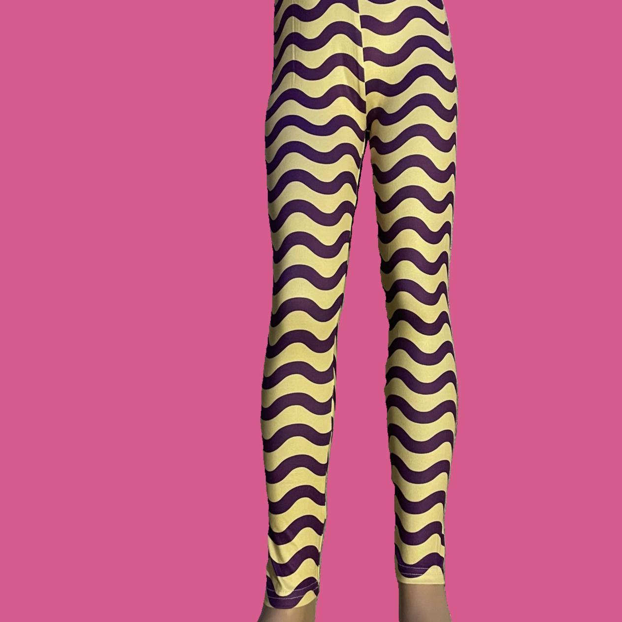 Purple and yellow squiggles design full length stretch leggings