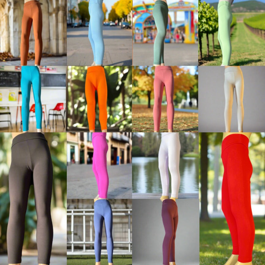 Solid colour, soft, stretch leggings in black, green, navy, grey, orange, pink, fuchsia, purple and more!
