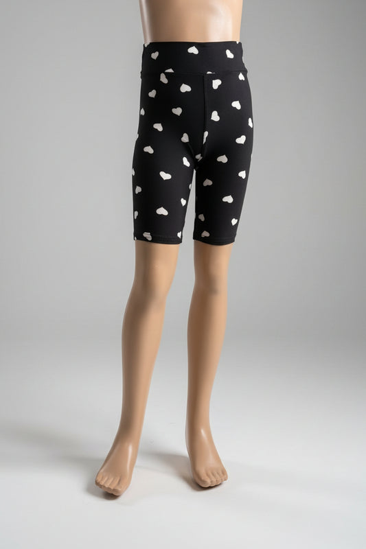 Black soft touch shorts with white hearts