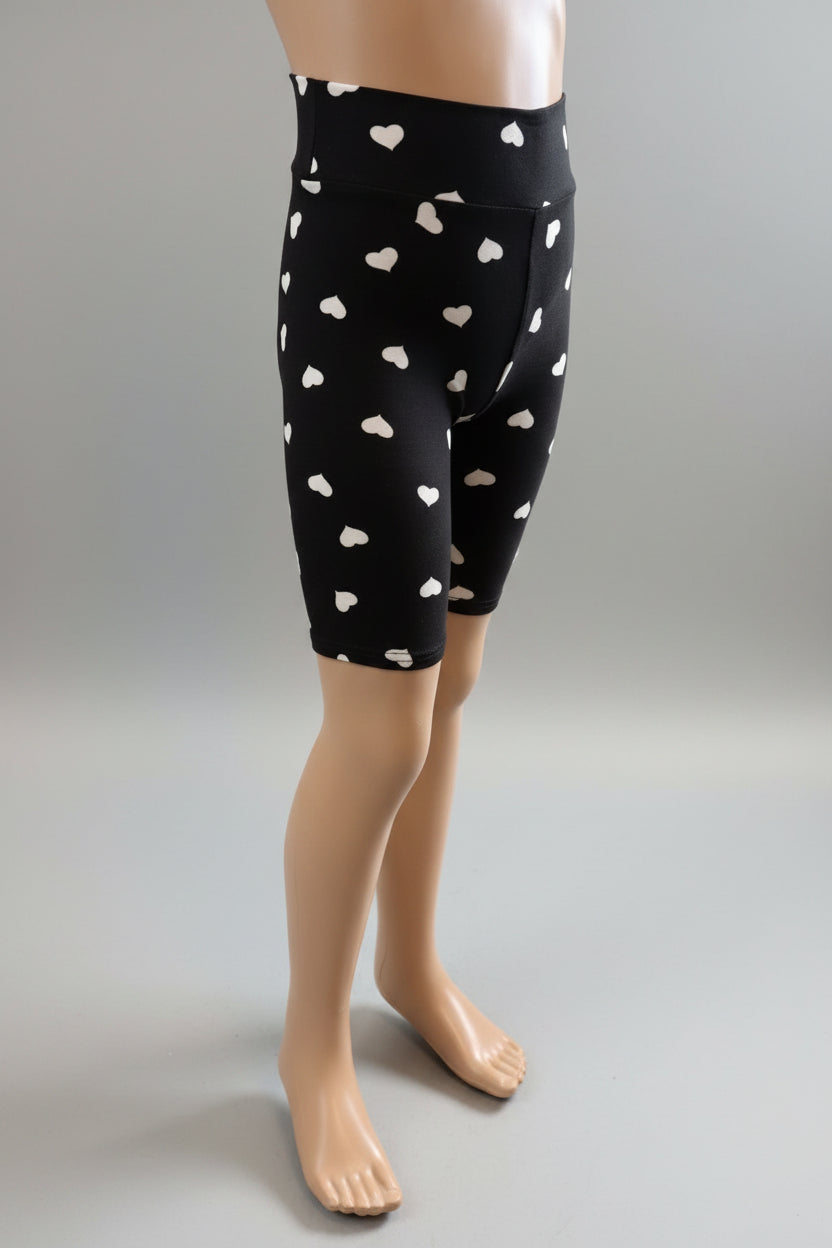 Black soft touch shorts with white hearts