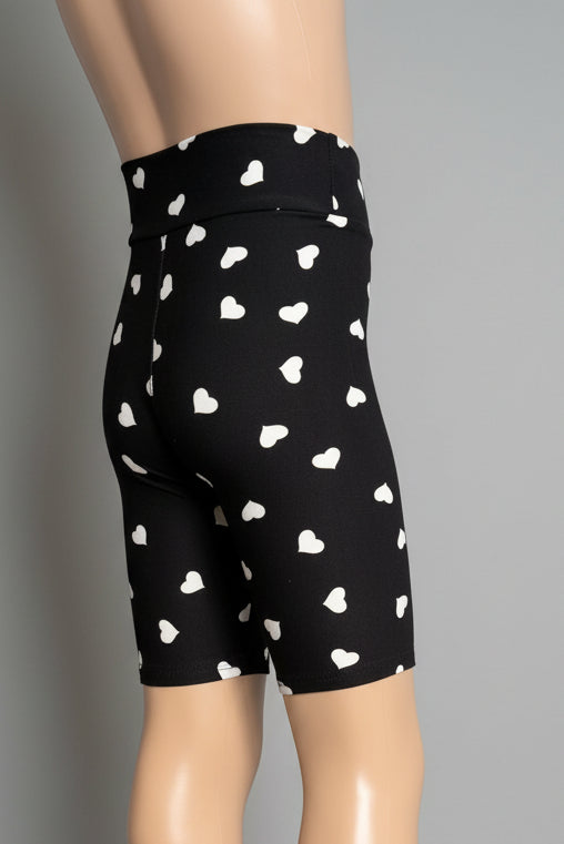 Black soft touch shorts with white hearts