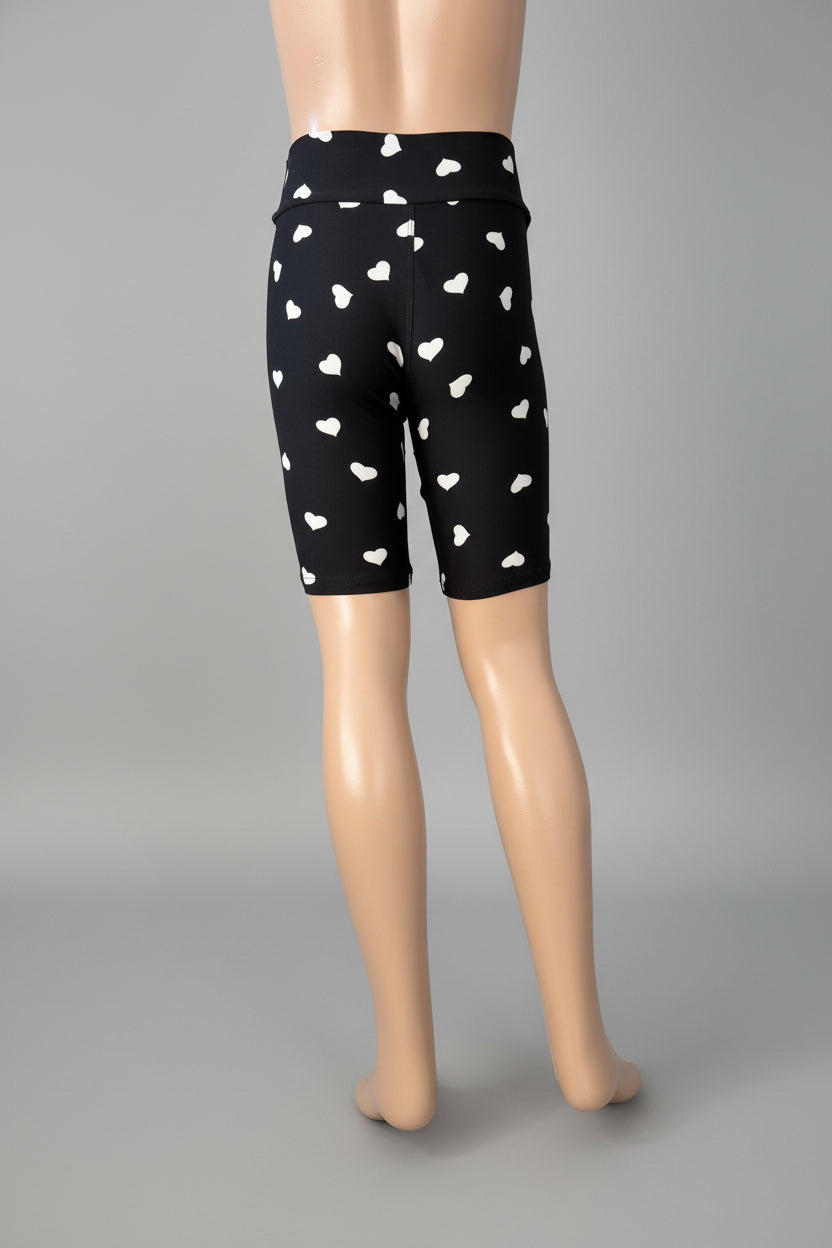 Black soft touch shorts with white hearts