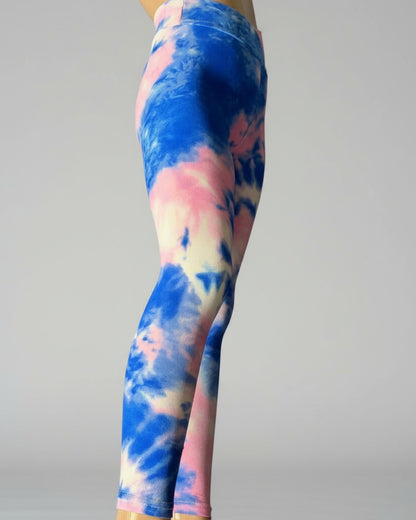 Blue and pink tie-dye leggings, full length