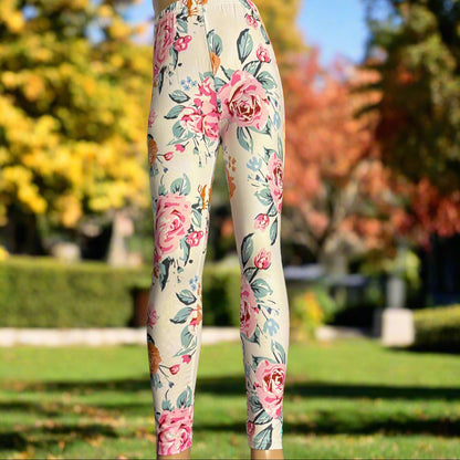 White Garden patterned full length stretch leggings