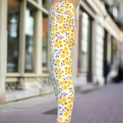 Yellow & purple daisies design full length leggings