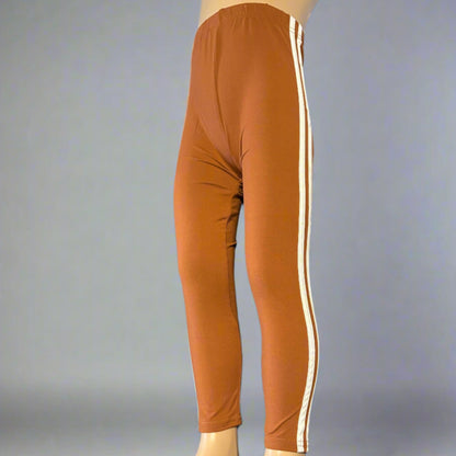 Brown full length leggings with double white side stripe
