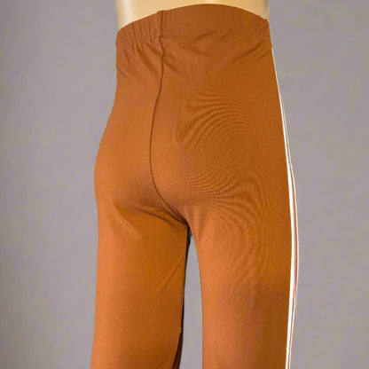 Brown full length leggings with double white side stripe