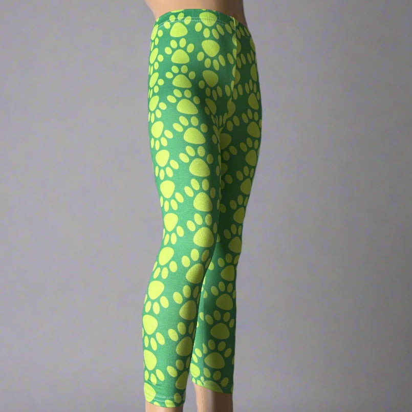 Girls green pawprint design full length leggings
