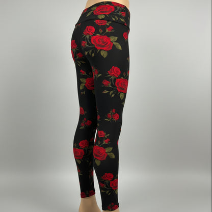 Red rose on black leggings