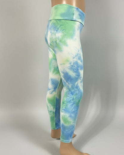 Green and blue tie-dye design leggings