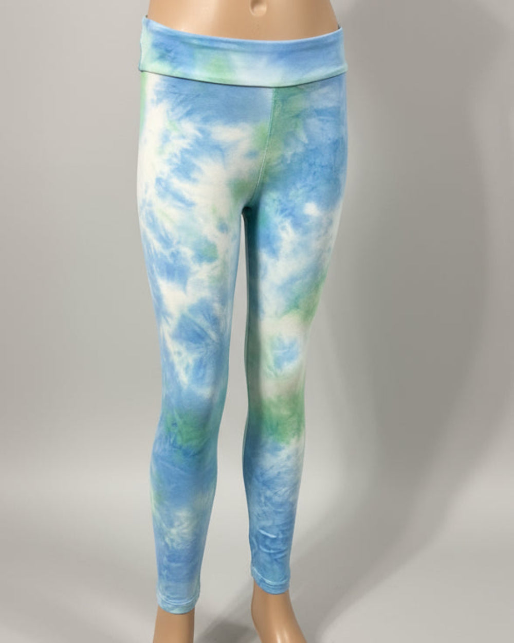 Green and blue tie-dye design leggings