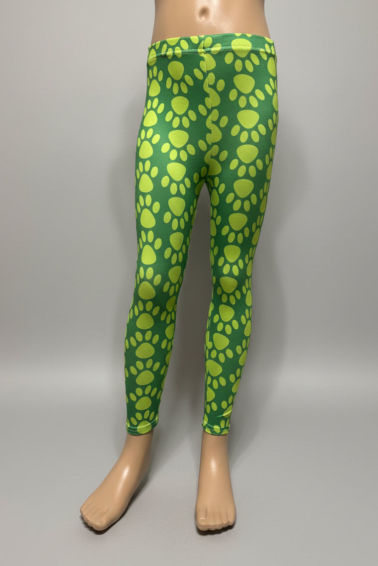 Girls green pawprint design full length leggings