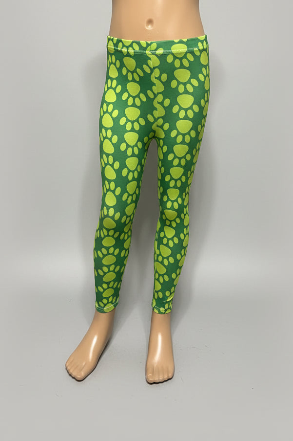 Girls green pawprint design full length leggings