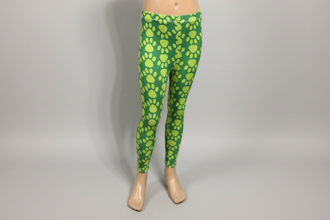 Girls green pawprint design full length leggings