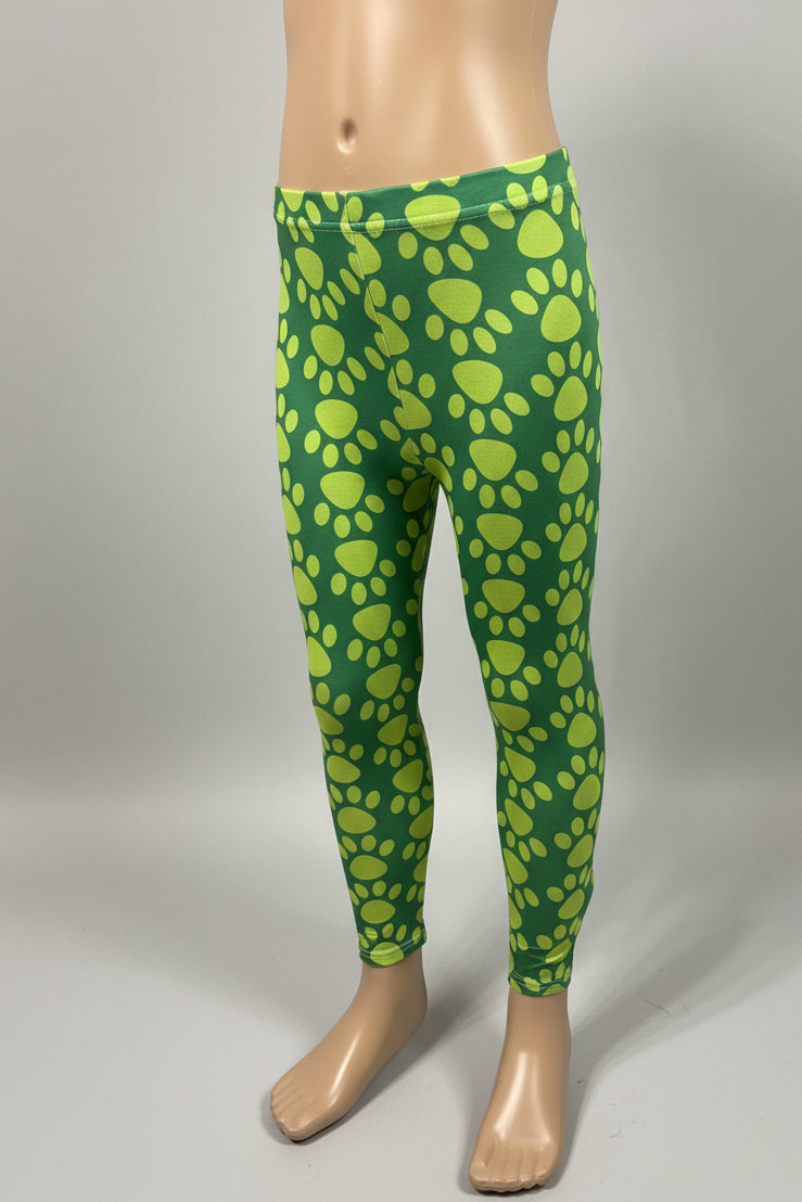 Girls green pawprint design full length leggings