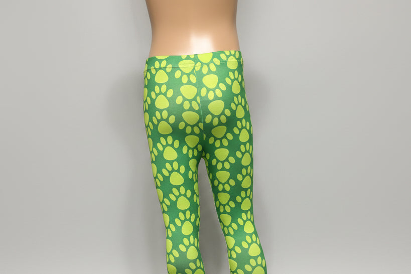 Girls green pawprint design full length leggings