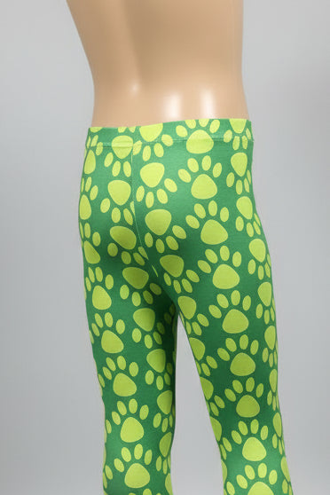 Girls green pawprint design full length leggings