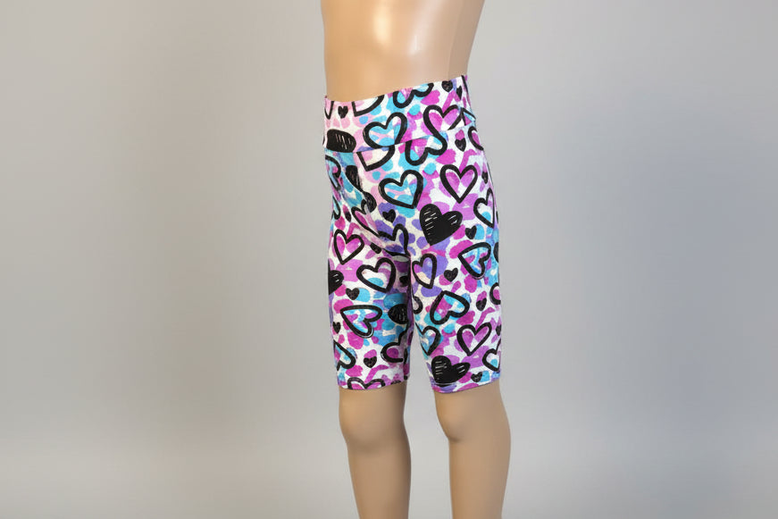 Drawn Hearts soft touch, long, stretch shorts