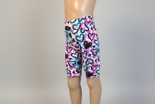 Drawn Hearts soft touch, long, stretch shorts