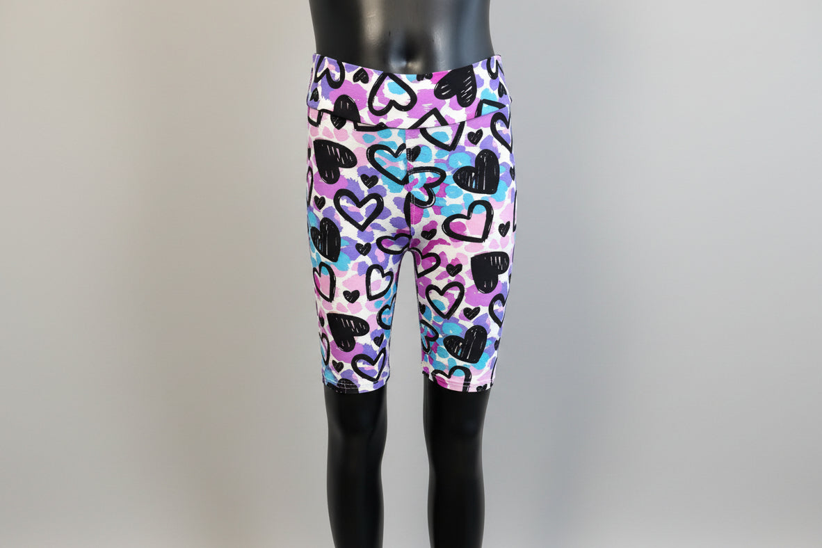 Drawn Hearts soft touch, long, stretch shorts