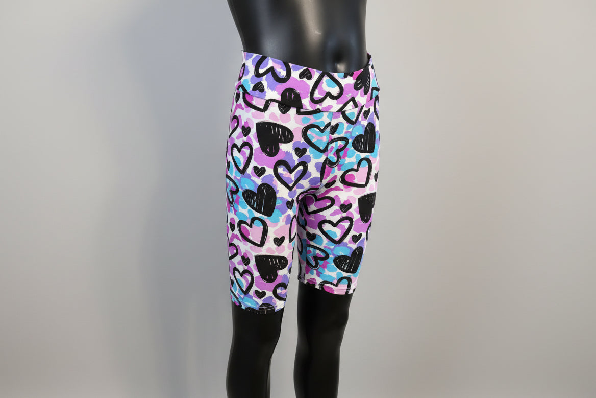 Drawn Hearts soft touch, long, stretch shorts
