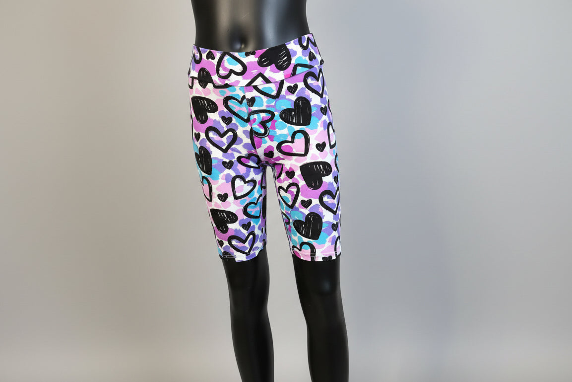 Drawn Hearts soft touch, long, stretch shorts
