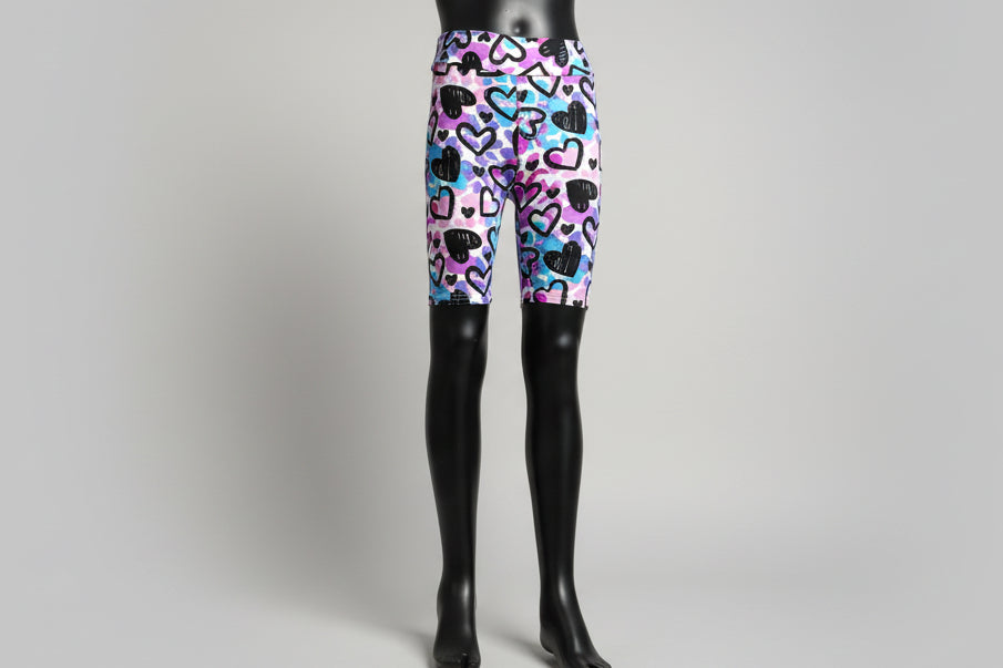Drawn Hearts soft touch, long, stretch shorts