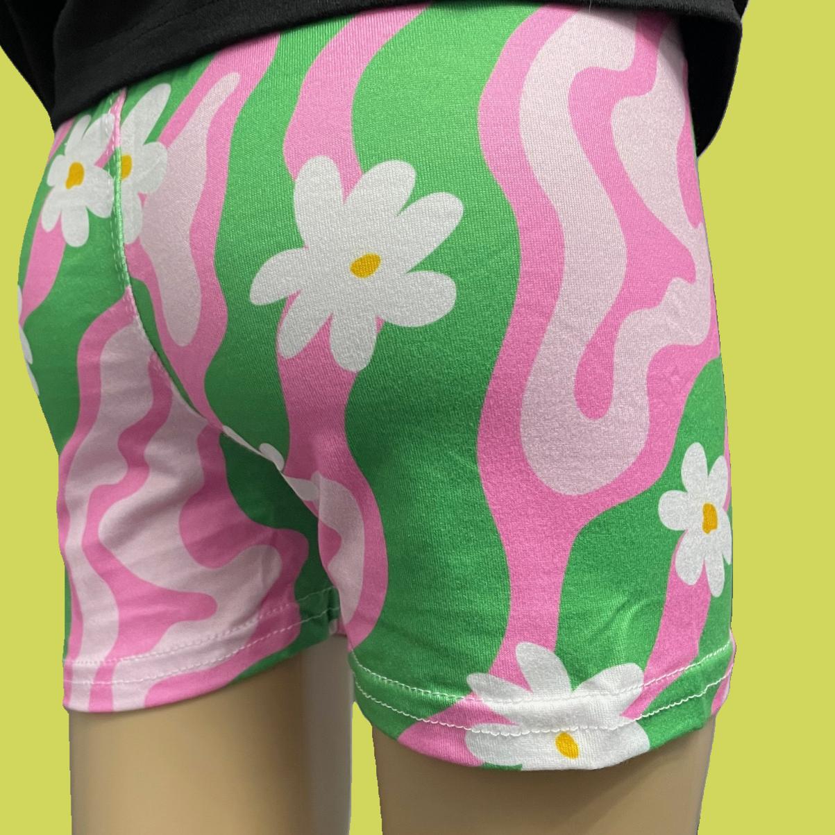 Girls cute pink & green daisy design summer shorts