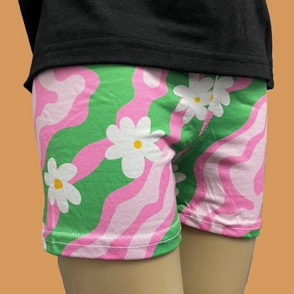 Girls cute pink & green daisy design summer shorts