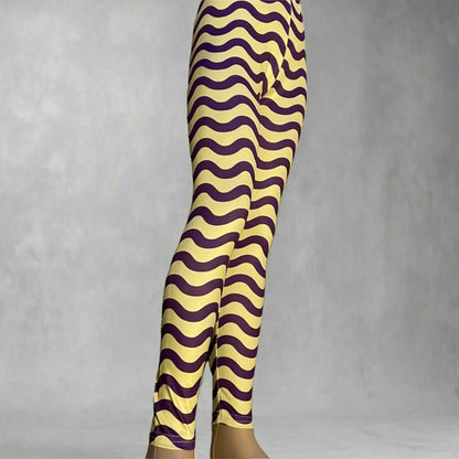 Purple and yellow squiggles design full length stretch leggings