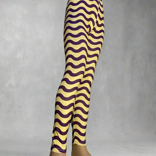 Purple and yellow squiggles design full length stretch leggings