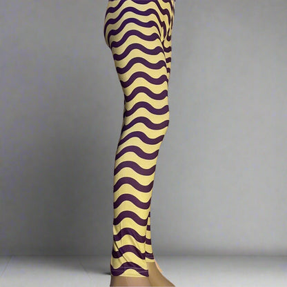 Purple and yellow squiggles design full length stretch leggings