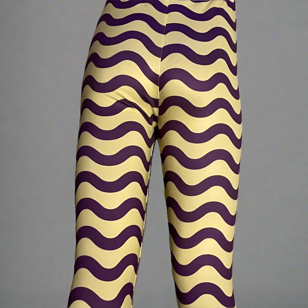 Purple and yellow squiggles design full length stretch leggings