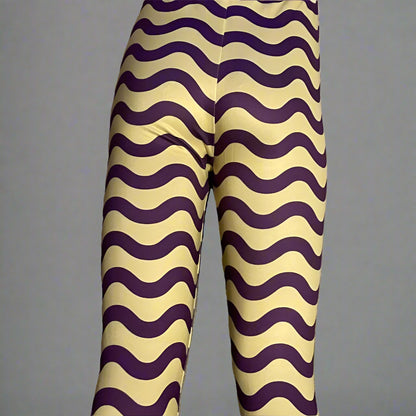Purple and yellow squiggles design full length stretch leggings