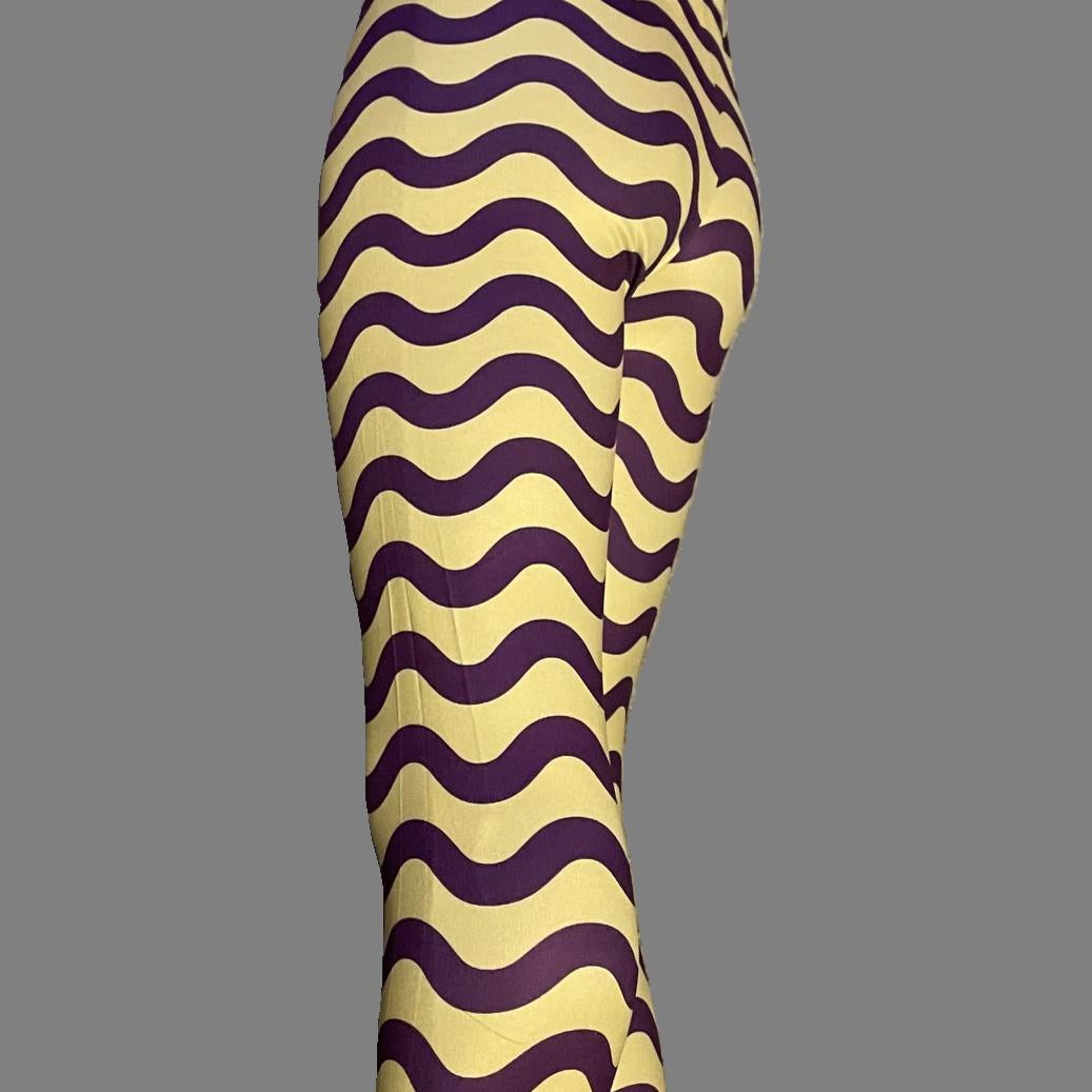 Purple and yellow squiggles design full length stretch leggings